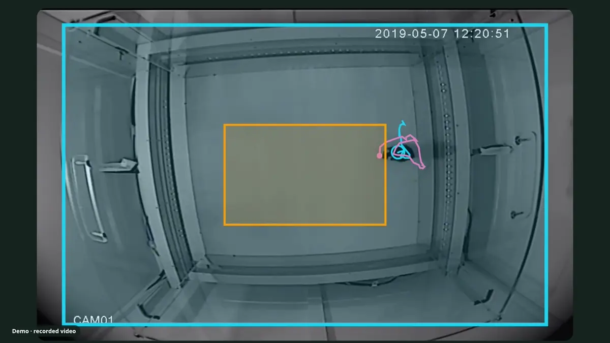 Open field arena seen from the station camera, with the centre zone and the track of the mouse